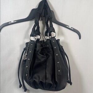 Black Drawstring Hobo Bag with Stud Accents
